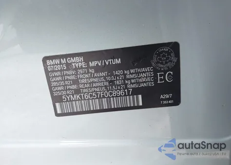 2015 BMW X5 M z USA, uszkodzony, nr VIN 5YMKT6C57F0C89617